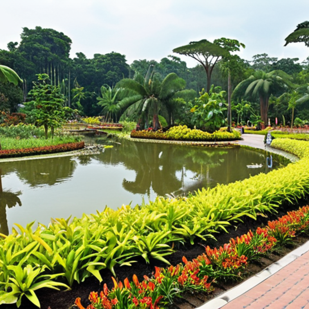 **

A wide shot of the National Botanical Garden Shah Alam, showcasing a variety of plants, ponds, and walking paths, emphasizing the harmonious blend of natural and man-made elements. Include people enjoying the space, giving a sense of a well-designed and functional landscape.

**