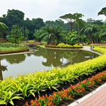 **

A wide shot of the National Botanical Garden Shah Alam, showcasing a variety of plants, ponds, and walking paths, emphasizing the harmonious blend of natural and man-made elements. Include people enjoying the space, giving a sense of a well-designed and functional landscape.

**