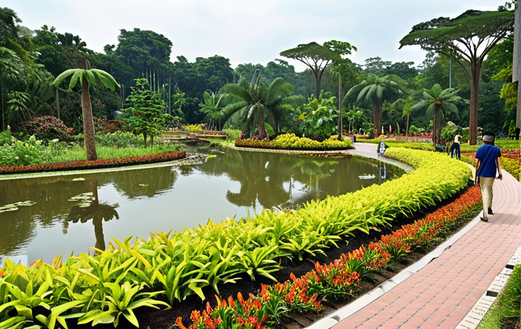 **

A wide shot of the National Botanical Garden Shah Alam, showcasing a variety of plants, ponds, and walking paths, emphasizing the harmonious blend of natural and man-made elements. Include people enjoying the space, giving a sense of a well-designed and functional landscape.

**