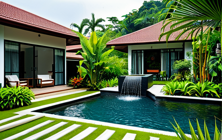 조경 업계 네트워킹 팁 - **

"A beautifully landscaped modern home garden in Malaysia, featuring lush tropical plants, a wate...